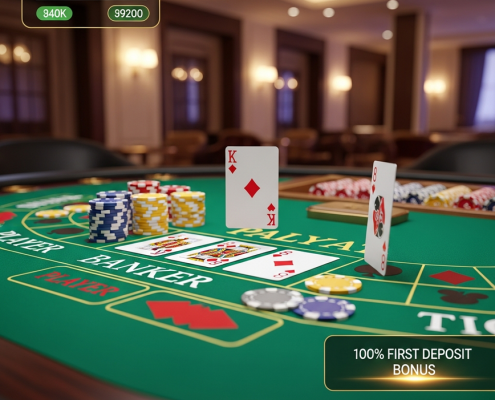 Sleek ALLBET Live Baccarat table interface showing playing cards, virtual chips on betting areas, with subtle indications of 'Demo Play' and a 'First Deposit Bonus' on a premium online casino platform.
