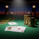 Close-up of a premium online blackjack table showing a player's strong hand and the dealer's weak upcard, with casino chips on vibrant green felt, representing strategic gameplay.