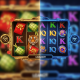 Split-screen mobile casino interface comparing a culturally themed Malaysian local slot with festive symbols and an international slot featuring advanced mechanics and a progressive jackpot display.