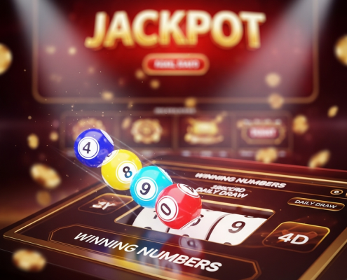 Vibrant 4D lottery draw machine with glowing balls, symbolizing a daily jackpot draw on a premium online casino platform in Malaysia.