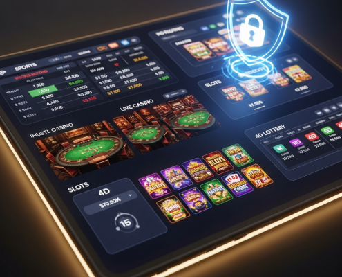 A hyper-realistic digital interface of an all-in-one online gaming platform, showcasing integrated sections for sports betting, live casino, slot games, and 4D lottery, all protected by a glowing security shield icon, emphasizing superior safety and convenience.