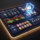 A hyper-realistic digital interface of an all-in-one online gaming platform, showcasing integrated sections for sports betting, live casino, slot games, and 4D lottery, all protected by a glowing security shield icon, emphasizing superior safety and convenience.