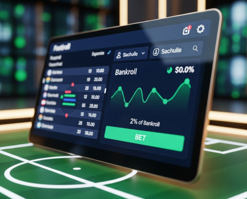 Sleek digital interface of an online football betting platform displaying bankroll management tools, a virtual betting slip, and a growth graph, symbolizing smart budgeting for Malaysian bettors.
