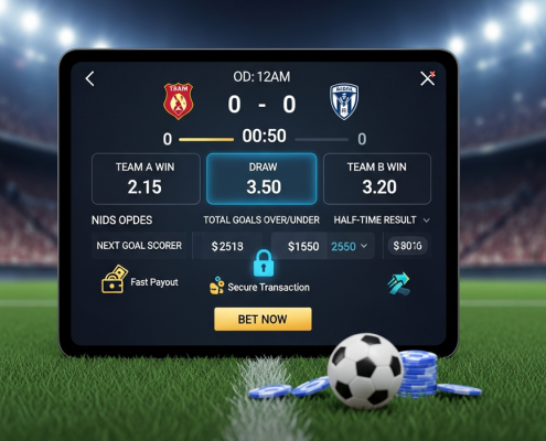 Sleek, integrated online sportsbook dashboard showcasing live football betting markets on one side and esports betting options on the other, with prominent security and fast payout indicators.