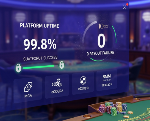 Sleek live online casino interface with uptime and payout success indicators, secure padlock icon, and abstract regulatory certification symbols, set against a luxurious, empty live casino studio backdrop, representing a decade of reliable operation.