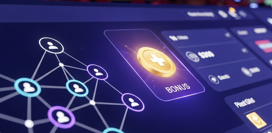 A premium online casino dashboard interface with abstract glowing network icons connecting to a golden bonus symbol, representing referral earnings and rewards in a luxurious digital setting.