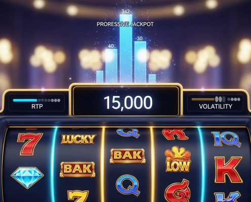 Dynamic online slot machine interface with vibrant spinning reels, a rising progressive jackpot counter, and digital indicators for RTP and volatility, set in a luxurious, high-tech online casino environment.