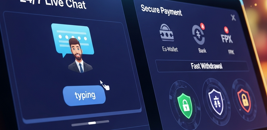 Sleek online casino interface featuring a prominent 24/7 live chat window on one side and secure, fast payment method icons with security shields on the other, conveying trust and efficiency.
