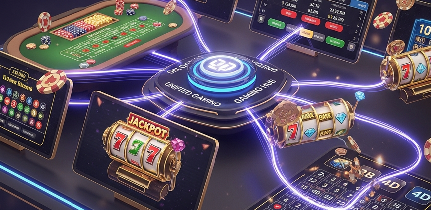 A futuristic digital dashboard visually integrating live casino, sports betting, slot machine reels, and 4D lottery elements into a single 'all-in-one' online gaming platform, showcasing convenience and variety for Malaysian players.