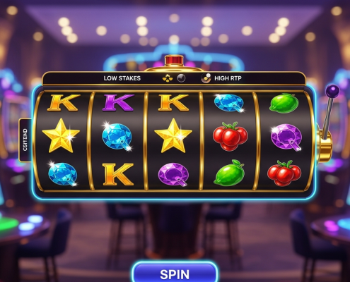 Vibrant, modern online slot machine interface with reels mid-spin, showing classic symbols, a prominent 'SPIN' button, and subtle 'Low Stakes' and 'High RTP' indicators on a premium digital casino platform, perfect for beginners in Malaysia.