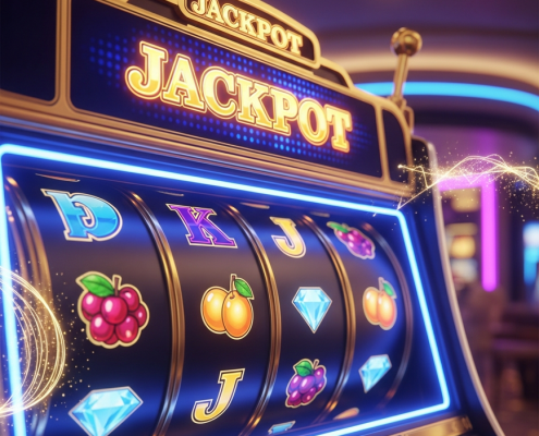 Vibrant classic online slot machine interface displaying a 'JACKPOT' win with glowing fruit and diamond symbols, set in a luxurious, neon-lit online casino lobby, representing high payouts and fair play.