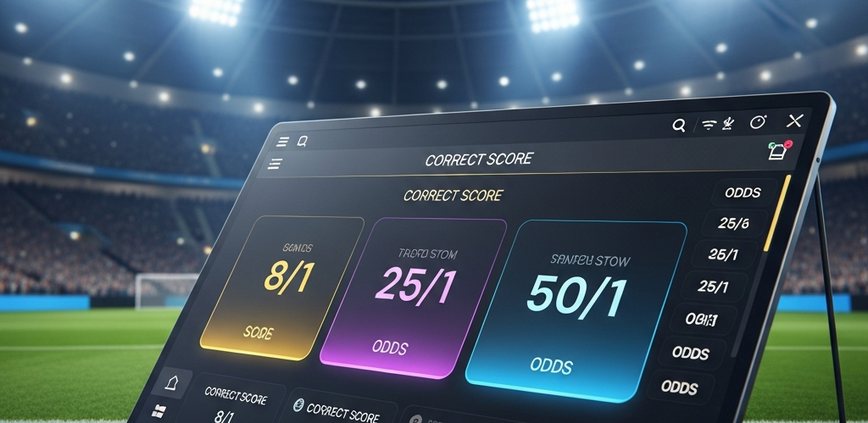 Digital interface for correct score football betting showing high odds options against a blurred stadium background, emphasizing high risk and high reward.