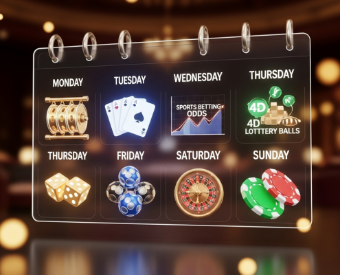 A vibrant, futuristic digital calendar interface displaying daily online casino promotions like cashback, lucky draws, and bonuses for various games, set against a luxurious casino backdrop, symbolizing a comprehensive rewards program.