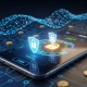 Sleek mobile casino app interface with glowing digital shield and padlock icons, illustrating robust security features like SSL encryption and secure login, set against an abstract high-tech background.