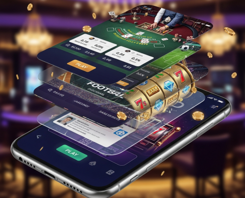 Sleek smartphone displaying a dynamic online casino app interface, combining live casino, sports betting, and slot machine elements in a luxurious setting, representing the iBET Malaysia all-in-one mobile gaming experience.