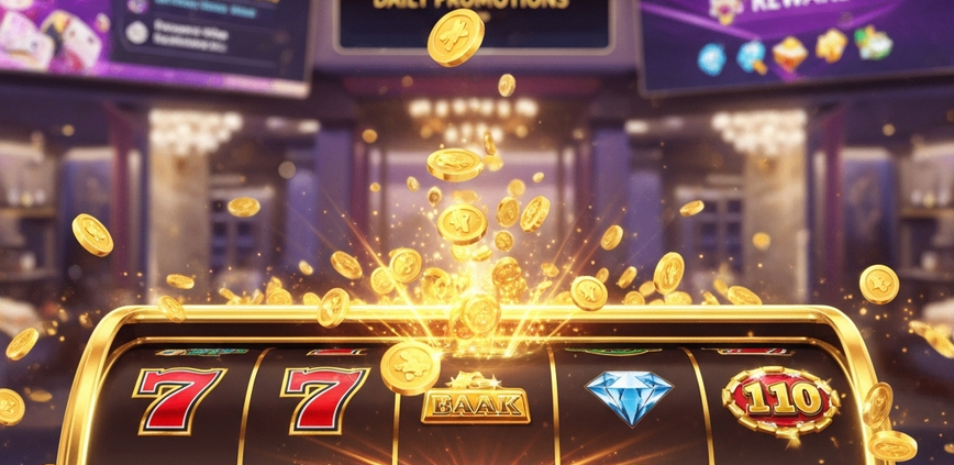 Vibrant online slot machine interface displaying a 'BIG WIN' with cascading coins and multiplier effects, set against a blurred background of a luxurious mobile casino lobby with promotion hints, representing top slots for Malaysian players.