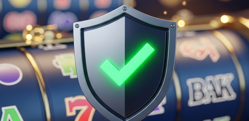 A glowing green checkmark on a sleek security shield icon, overlaid on a blurred background of a luxurious online casino game interface, symbolizing safety and trust.
