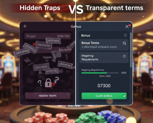 Split-screen online casino interface contrasting confusing, dark bonus terms on the left with clear, transparent terms and a progress bar on the right, symbolizing fair play and trustworthiness.
