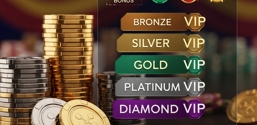 Luxurious online casino VIP loyalty program visual with gleaming gold and platinum chips, stylized tier badges (Bronze, Silver, Gold, Platinum, Diamond), and abstract reward symbols, set against a premium digital interface backdrop.