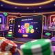 Premium online casino interface showcasing a vibrant welcome bonus offer with stacked chips and glowing bonus symbols, set in a luxurious digital lobby.