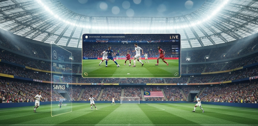Dynamic digital rendering of a futuristic football stadium with a large screen showing a live FIFA World Cup 2026 match, overlaid with abstract elements representing cost-effective streaming and savings in Malaysia.