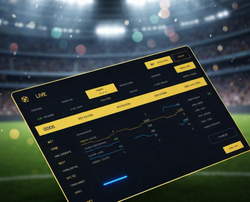 Dynamic online sports betting interface displaying live football odds and a virtual bet slip, set against a vibrant, blurred stadium background, representing premium Malaysian sports betting.