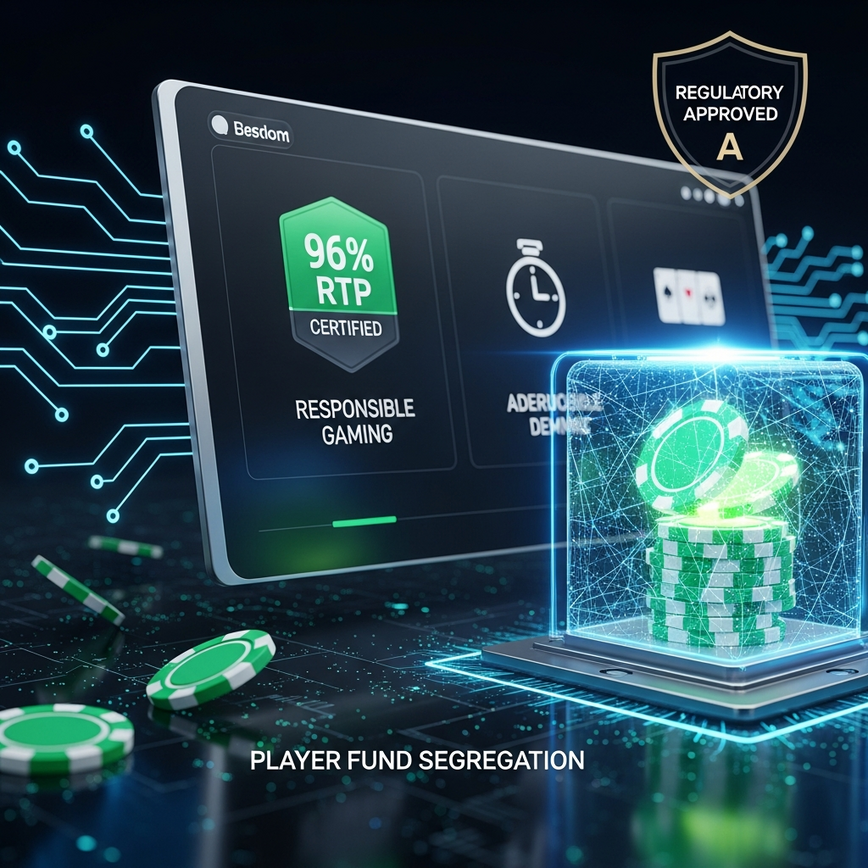 Illustrates the robust regulatory oversight and financial security standards of licensed online casinos, showcasing elements like segregated funds, <a href=