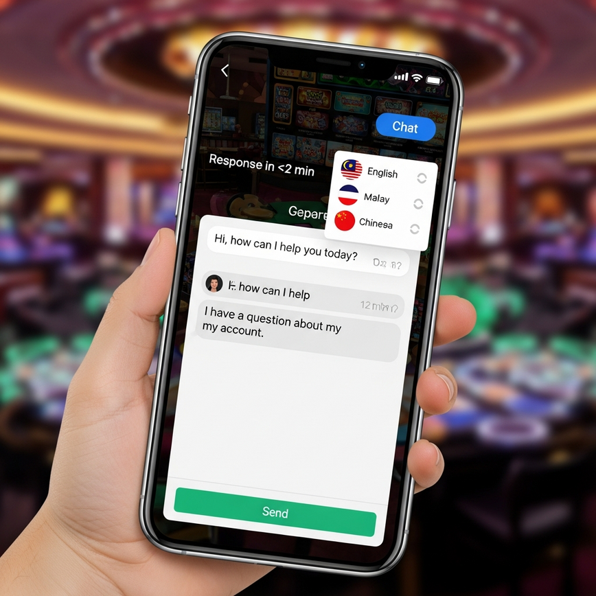 Illustrates the key support quality indicators for Malaysian players, focusing on fast, multilingual live chat on a <a href=