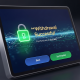 A modern online casino payment interface displaying a successful withdrawal confirmation, featuring a secure padlock icon and abstract data flow, representing financial trustworthiness and fast payouts on a premium online platform.