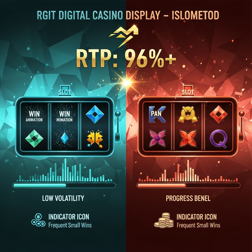Illustrates the concepts of RTP (Return to Player) and Volatility (Low, Medium, High) in an easy-to-understand visual within a slot game context.