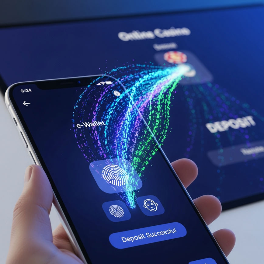 Depicts the convenience and privacy benefits of e-wallet transactions for online casino deposits, emphasizing quick, encrypted digital transactions and data tokenization.