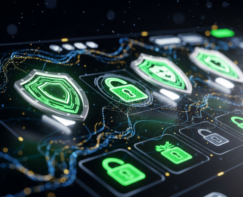 A futuristic online casino interface with glowing security shields and digital padlock icons, symbolizing robust data protection and trust in a licensed gaming platform.