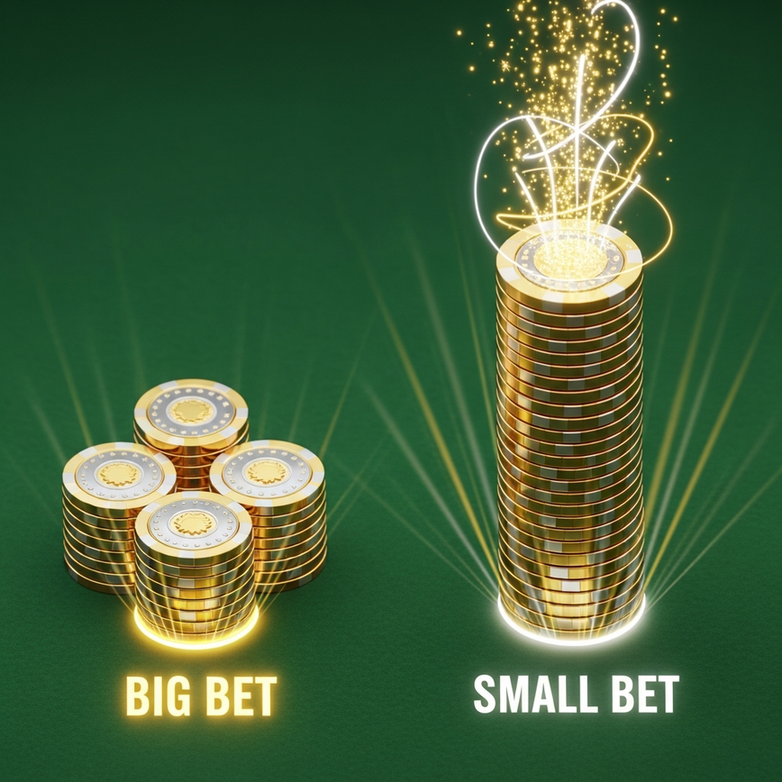A visual comparison of Magnum 4D 'Big Bet' and 'Small Bet' payout structures, represented by different sized stacks of virtual gold coins on a digital display, highlighting varying prize potentials.