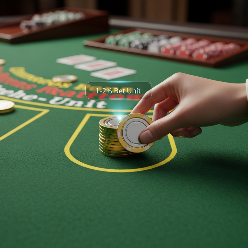 Illustrates the concept of bet sizing and session limits at a blackjack table, visually representing the '1-2% <a href=