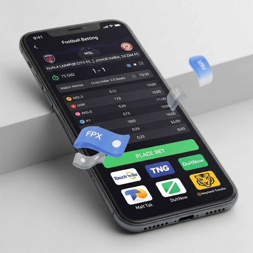 Showcases the convenience and security of the mobile betting app for MSL, along with integrated local Malaysian payment methods.