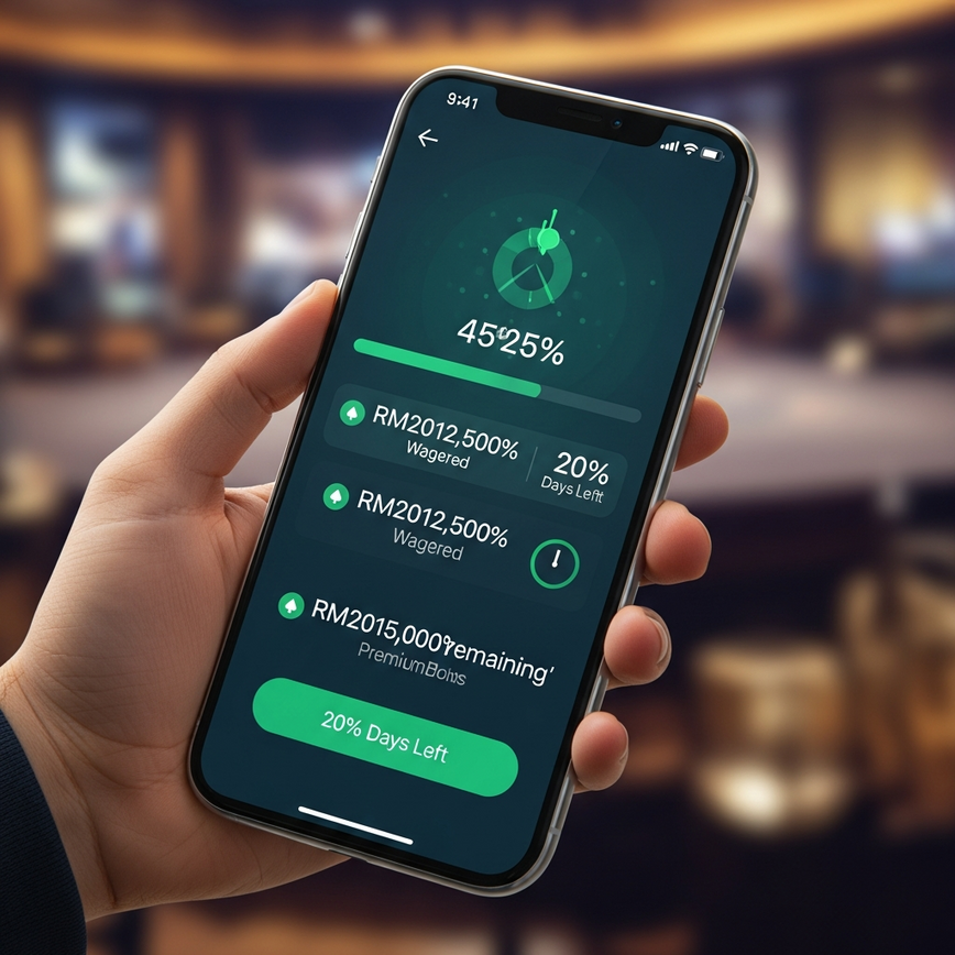 To illustrate 'How iBET Malaysia Ensures Bonus Transparency' and 'Understanding Wagering Requirements: The Mathematics' through a clear, real-time bonus progress tracker on a mobile device.