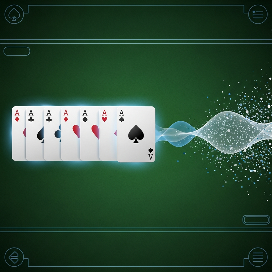 Illustrates the concept of independent events in blackjack, debunking the 'hot and cold streaks' myth by visually representing randomness and lack of memory in card distribution.