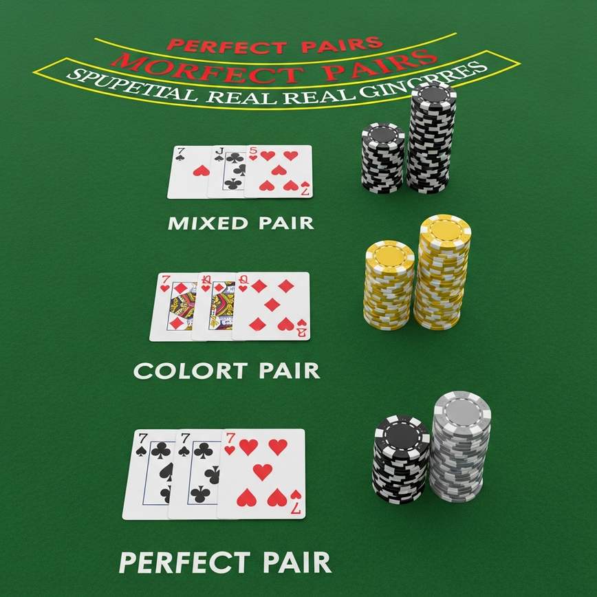 Illustrates the three distinct types of Perfect Pairs (Mixed, Colored, Perfect) and their increasing payout potential on a blackjack table.