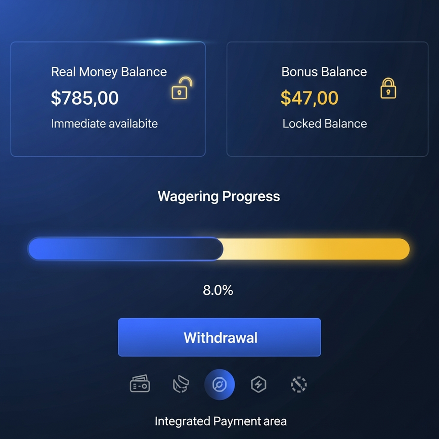 Depicts the player's account dashboard, showing the clear separation between 'Bonus Balance' and 'Real Money Balance' and the 'Wagering Progress' bar, emphasizing the withdrawal process.