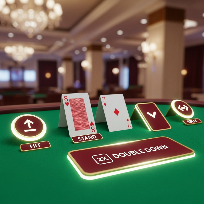 Illustrates the digital equivalent of essential blackjack hand signals (Hit, Stand, Double Down, Split) as clear, interactive buttons on a modern online game interface, emphasizing decisive communication.