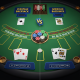A split-screen online blackjack interface illustrating European and American blackjack rules with virtual cards and chips, set on a luxurious digital table.