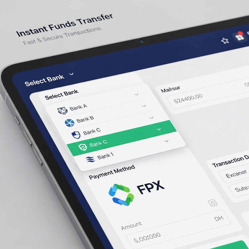 Illustrates the secure and efficient process of local bank transfers and FPX integration within an online casino platform.