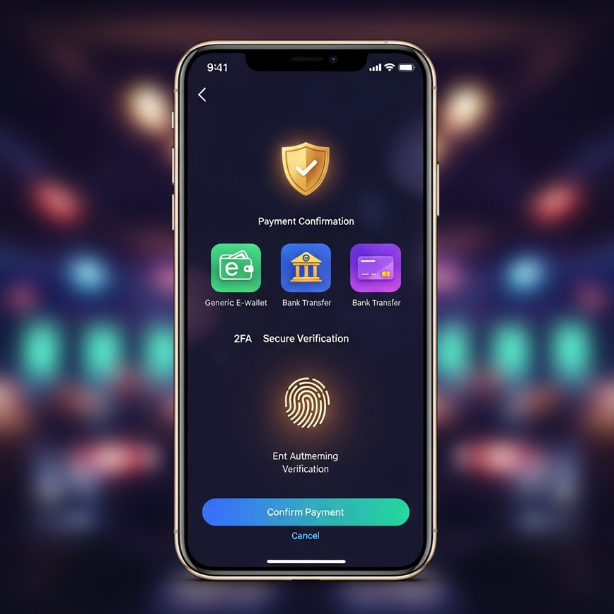 Visualizes secure payment protocols and two-factor authentication (2FA) on a mobile device, emphasizing safe transactions for Malaysian players.