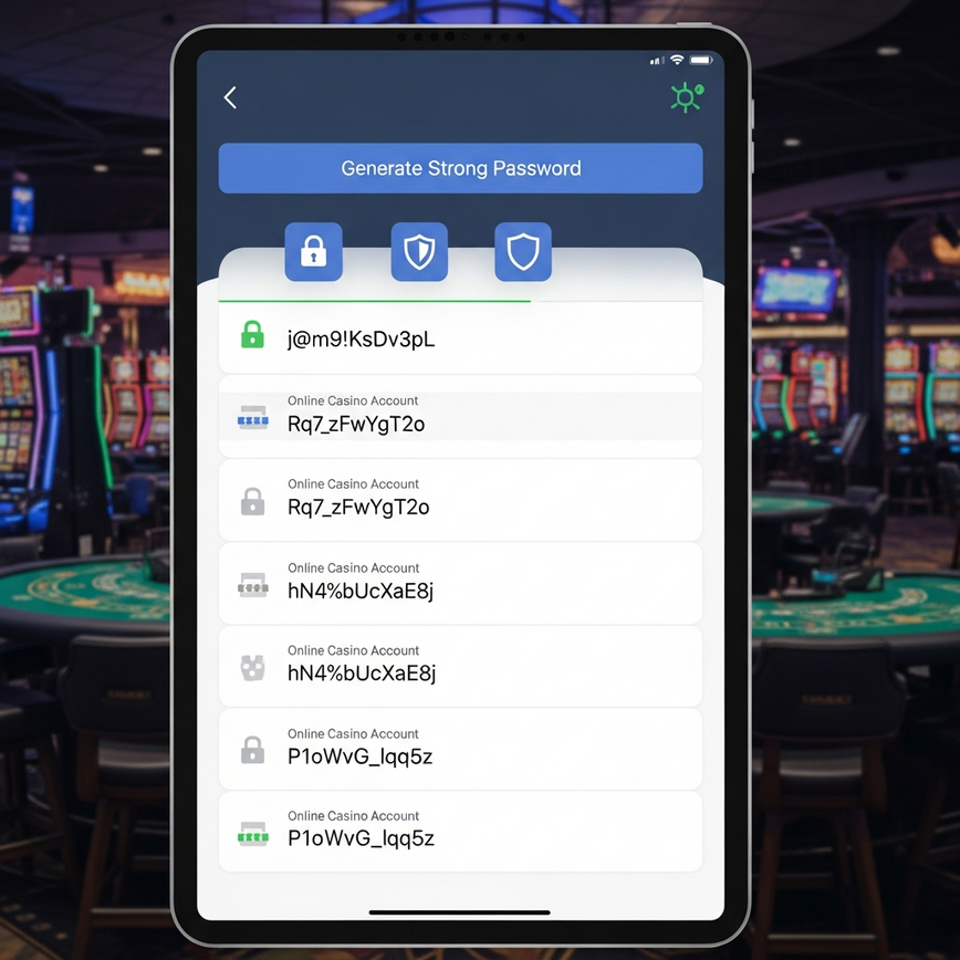 Illustrates the concept of a password manager securely generating and storing unique, complex passwords for multiple online casino accounts.