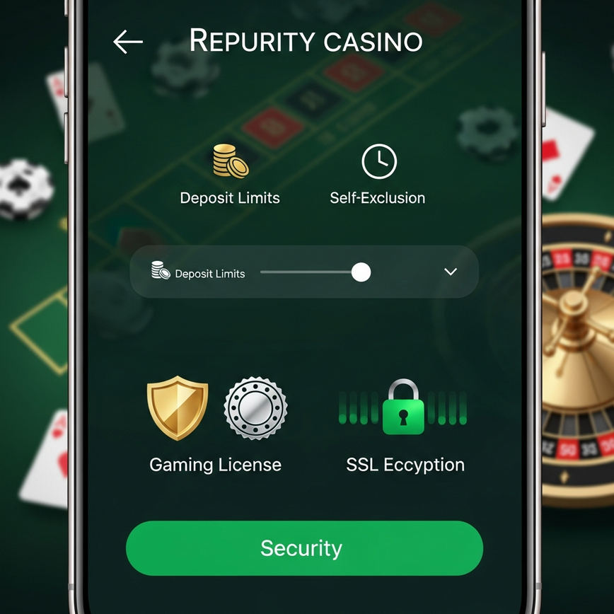Visualizes the key authenticity and security markers within a legitimate casino app, including licensing, certifications, and responsible gaming tools.