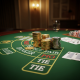 Luxurious online Baccarat table with virtual chips on main and side bet areas, illustrating the article on side bet value and risk.