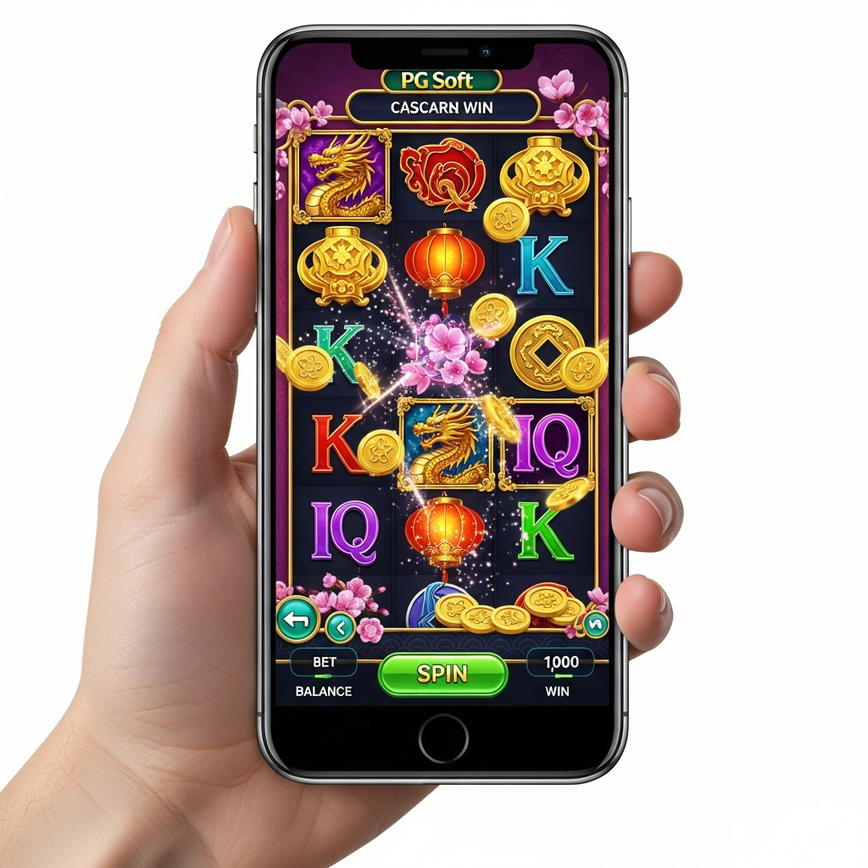 Depicts the 'Mobile Gaming Excellence' of PG Soft slots, showing a smartphone displaying a game interface with smooth graphics and touch-friendly design.