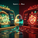 Conceptual image showing the duality of VPN use at online casinos, with one side depicting a secure, compliant gaming interface and the other illustrating potential risks and security flags.