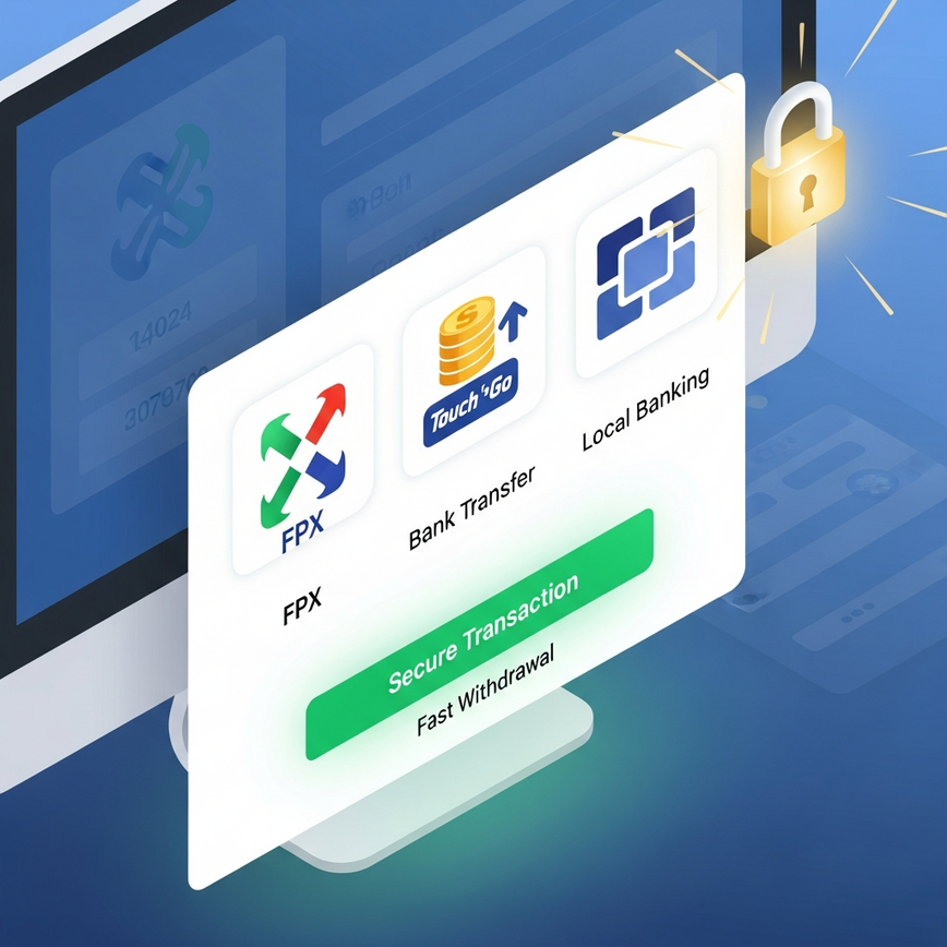 Visualizes secure and convenient Malaysian payment and withdrawal options within an online <a href=