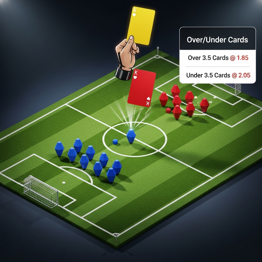 Visualizes the 'Cards Markets' betting strategy and tactical caution often seen in derby matches, combining game elements with betting interface components.